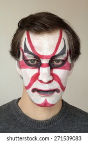 Severe Man With Face Painting Kabuki Black Red And White Color