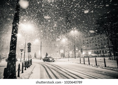 Severe Powerful Snow In Warsaw. One Snowy Winter Night In The City.