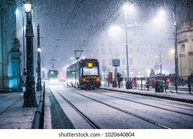 Severe Powerful Snow In Warsaw. One Snowy Winter Night In The City.