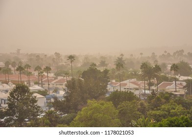 Severe sand storm from Africa known as Calima on Gran Canaria. Maspalomas district covered in dust