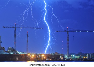  Severe Thunderstorm Over A Shipyard In Downtown Norfolk, Va