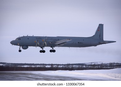Severomorsk, Murmansk Region, Russia - February 28, 2012: Routine busy day at the airbase. Flying of Il-38 (is a maritime patrol aircraft and anti-submarine warfare aircraft)