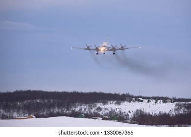 Severomorsk, Murmansk Region, Russia - February 28, 2012: Routine busy day at the airbase. Flying of Il-20rt