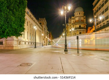 Sevilla. Constitution Avenue At Night.