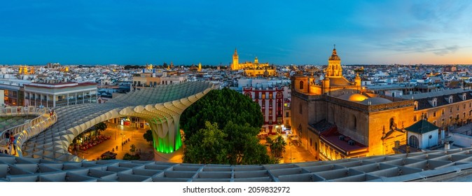 SEVILLA, SPAIN, JUNE 20, 2019: Churches in Sevilla viewed from Setas de Sevilla mushroom structure, Spain
