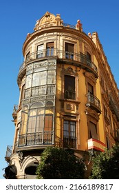 Seville, Andalusia, Spain, DECEMBER 7, 2021:  Baroque Spanish Facade Architecture.                               