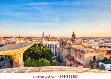 Seville City Skyline view with Space Metropol Parasol in the Foreground at Sunset, Seville, Spain - Powered by Shutterstock