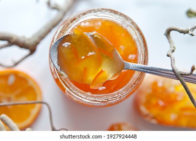 Seville Orange, Sour Orange, Bitter Orange, Marmalade Orange - native Southeast Asia tropical fruit.  Homemade Tasty Jam on white background. Healthy Food.