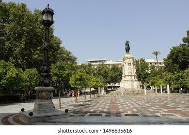 SEVILLE, SPAIN - 20 JULY 2019: New Square Of Seville And Monument To King Ferdinand III Of Castile