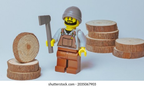 Seville, Spain.  August 28, 2021: Worker mini figures lego farmer
