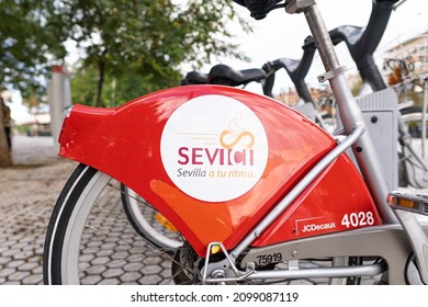 Seville, Spain- December 27th, 2021: Seville Sevici Bike Share Bikes Parked At A Dock.