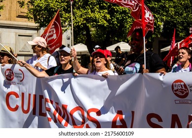 Seville Spain June 25, 2022 Employees And Domestic Staff Working In Personal Assistance Taking Part In A Demonstration In The City Center Of Seville During The Coronavirus Outbreak Hitting Spain