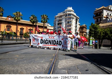 Seville Spain June 25, 2022 Employees And Domestic Staff Working In Personal Assistance Taking Part In A Demonstration In The City Center Of Seville During The Coronavirus Outbreak Hitting Spain