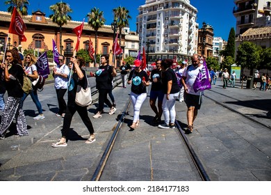 Seville Spain June 25, 2022 Employees And Domestic Staff Working In Personal Assistance Taking Part In A Demonstration In The City Center Of Seville During The Coronavirus Outbreak Hitting Spain