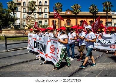 Seville Spain June 25, 2022 Employees And Domestic Staff Working In Personal Assistance Taking Part In A Demonstration In The City Center Of Seville During The Coronavirus Outbreak Hitting Spain