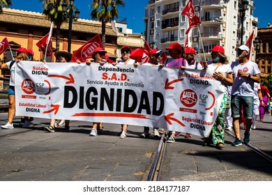 Seville Spain June 25, 2022 Employees And Domestic Staff Working In Personal Assistance Taking Part In A Demonstration In The City Center Of Seville During The Coronavirus Outbreak Hitting Spain