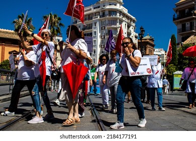 Seville Spain June 25, 2022 Employees And Domestic Staff Working In Personal Assistance Taking Part In A Demonstration In The City Center Of Seville During The Coronavirus Outbreak Hitting Spain