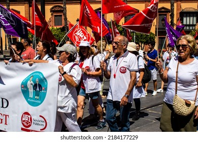 Seville Spain June 25, 2022 Employees And Domestic Staff Working In Personal Assistance Taking Part In A Demonstration In The City Center Of Seville During The Coronavirus Outbreak Hitting Spain