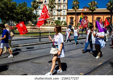 Seville Spain June 25, 2022 Employees And Domestic Staff Working In Personal Assistance Taking Part In A Demonstration In The City Center Of Seville During The Coronavirus Outbreak Hitting Spain