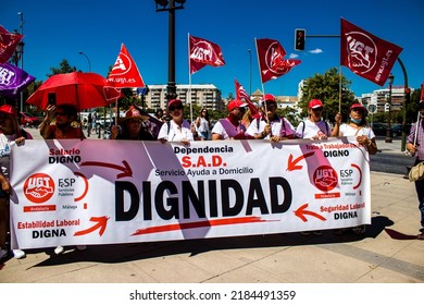 Seville Spain June 25, 2022 Employees And Domestic Staff Working In Personal Assistance Taking Part In A Demonstration In The City Center Of Seville During The Coronavirus Outbreak Hitting Spain