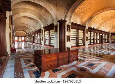 SEVILLE, SPAIN - NOV 14: Interior Of The 16th Century Archivo General De Indias With Corridors, Spanish Renaissance Architecture On November 14, 2018. UNESCO World Heritage Site