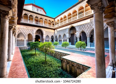 SEVILLE, SPAIN: Real Alcazar in Seville. Patio de las Doncellas in Royal palace, Real Alcazar (built in 1360), Spain
