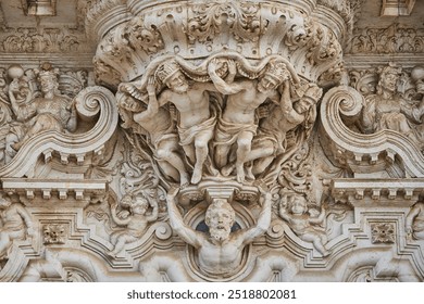 Seville, Spain-October,18 2023;Detailed stone carvings on historic building in Seville, featuring ornate figures, decorative patterns, and intricate sculptures showcasing Spanish Baroque architecture - Powered by Shutterstock