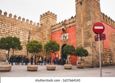 Seville/Spain - 01/21/2020: The Entrance Line In Real Alcazar Of Seville, Winter Time