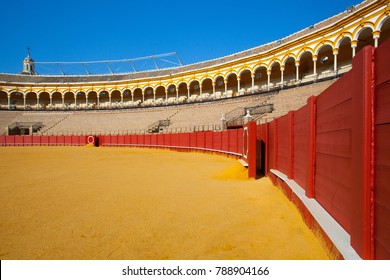 Seville,Spain - November 19,2016: Bullfight arena,plaza de toros at Sevilla.During the annual Seville Fair in Seville, it is the site of one of the most well known bullfighting festivals in the world