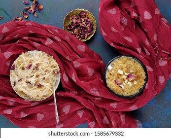 Seviyan Or Vermicelli Kheer, An Indian Dessert Made Of Semolina Noodles Topped With Rose Petals And Dry Fruits Such As Cashews.