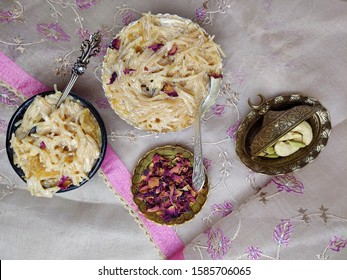 Seviyan Or Vermicelli Kheer, An Indian Dessert Made Of Semolina Noodles Topped With Rose Petals And Dry Fruits Such As Cashews.