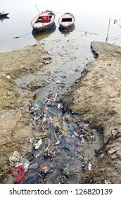 Sewage Water Pollution Channel To Holy Ganges River In Varanasi, India