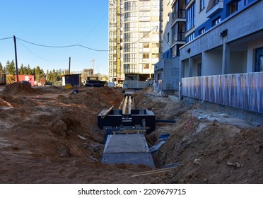 Sewer Construction. Laying Of Storm Sewer Pipes At The Construction Site. Installation Of Water Main And Sanitary Sewer. Ground Water Drainage System Pipes. 