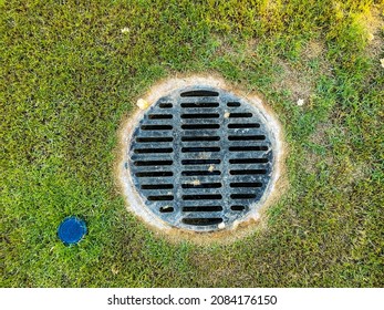 Sewer Drain Cover In Grass Geound