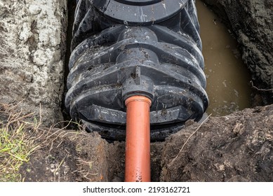 A Sewer Pipe With A Diameter Of 160 Mm Enters The Septic Tank Tank, Installation Of A Single-chamber Home Sewage Treatment Plant.