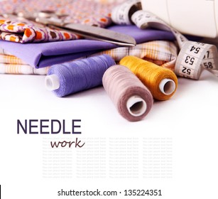 Sewing Background With Color Threads, Meter And Scissors
