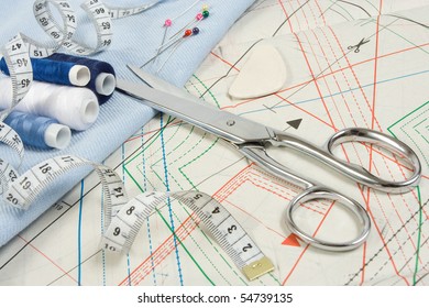 Sewing Background: Metal Scissors, Threads, Ruler And Sewing Curve, Fashion Design Collection