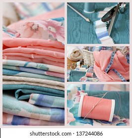 Sewing collage includes macro images of pastel colored fabric, sewing basket with notions, pinking shears on moire fabric, and needle with thread - for home decor, dressmaking, or quilting project. - Shutterstock ID 137244086