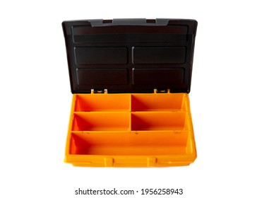 Sewing Kit,tackle Box.Open Plastic Tool Kit Box On White Background.organizer Box In Orange And Black Color.