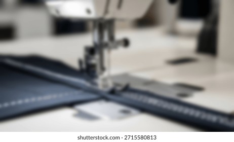 Sewing machine in action stitching dark fabric with concept of tailoring and crafting.