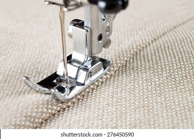 Sewing Machine Makes A Seam On Fabric. Sewing Process