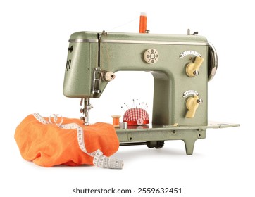 Sewing machine with orange fabric, measuring tape, pincushion and spools of threads isolated on white - Powered by Shutterstock