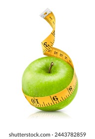 sewing measuring tape wrapped around a green apple on an isolated white background. diet and weight loss concept