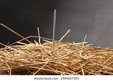 Sewing needle in haystack on dark background, closeup view