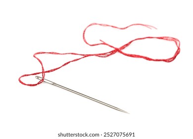 Sewing needle with red thread isolated on white