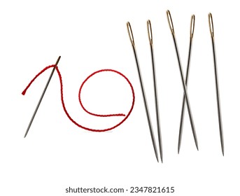 sewing needles on a white background and a sewing needle with thread