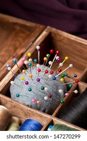 Sewing Pins And Pin Cushion In Wooden Box