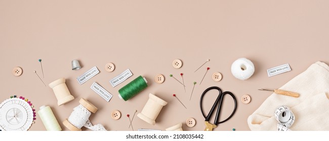 Sewing Supplies And Accessories For Needlework. Craft Hobby Background. Recomforting, Destressing Hobby 