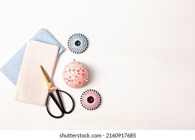 Sewing supplies and accessories for needlework. Craft hobby background. Recomforting, destressing hobby