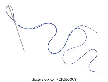 Sewing thread and needle isolated at white background, top view